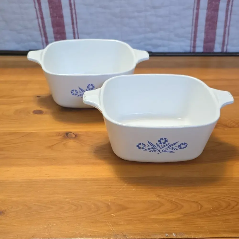 Set of 2 Corning Ware P-43-B 24 oz Square Casserole Dish White Blue USA